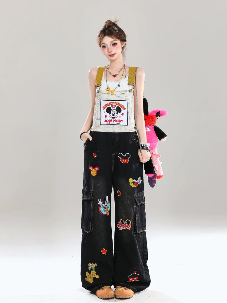 

Vintage Feel Cartoon Miey Embroidered Strap Overall Pants Women Summer New Loose Jeans Strap Pants Wide Leg l Waist L...