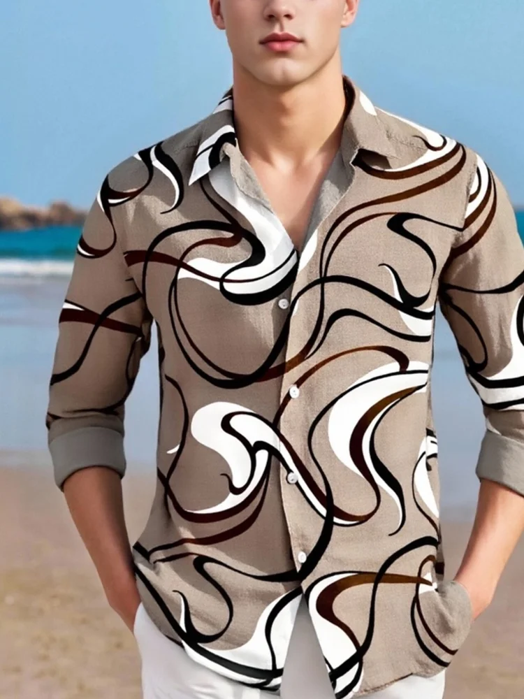 

Мужская рубашка с длинным рукавом с абстрактными линиями и геометрическим художественным принтом, модная однобортная блузка с воротником с лацканами, осень 2024, топы для повседневной жизни