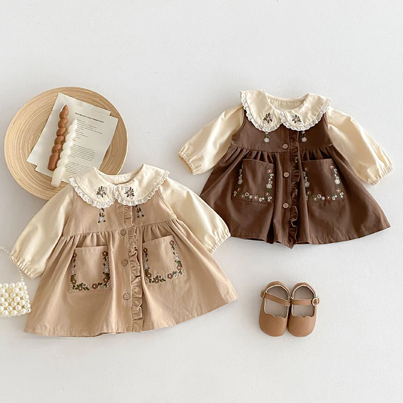 2024 New Autumn Korean Style Toddler Baby Girl Clothes Suit Long Sleeved Cotton Cardigan Shirt+Sleeveless Dress Children Clothes