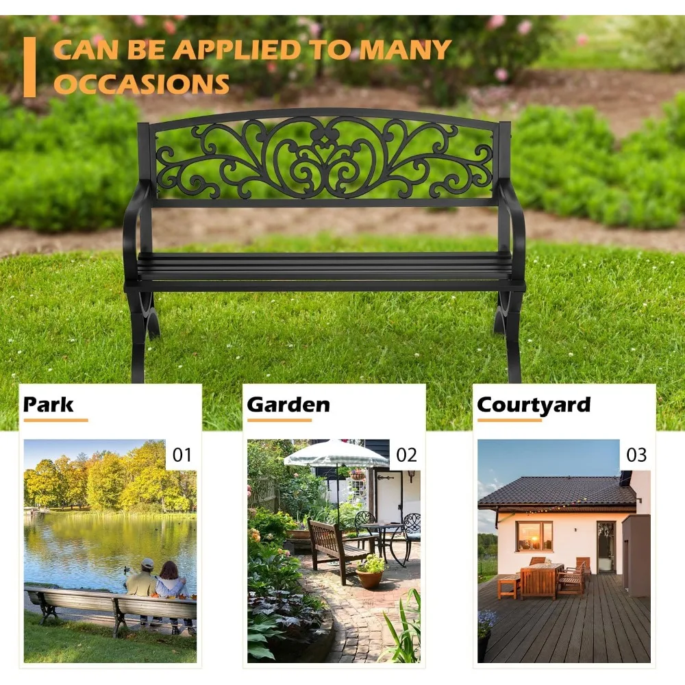 كراسي Loveseat معدنية سوداء للاستخدام الخارجي مقعد حديقة الفناء 50 بوصة مساند للذراعين بمقعد شرائحي تصميم الأزهار البلاستيكية الخلفية مثالية لـ