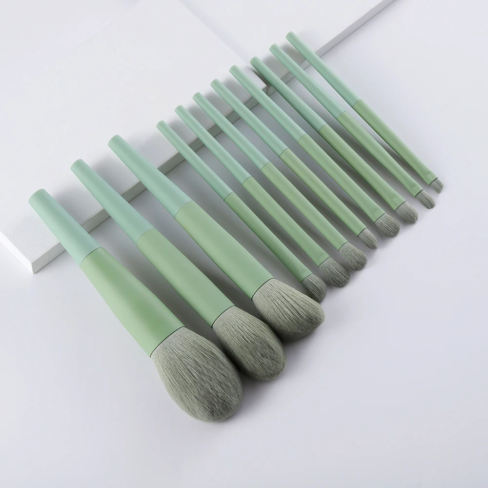 11Pcs Natural Hair Green Makeup Brushes Foundation Powder Eyeshadow Eyebrow Brush Set Cosmetic Tool Profesional Maquillaje