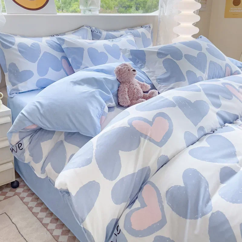 INS Blue Hearts Love Bedding Set Simple Duvet Cover and Flat Sheet Pillowcase Soft Bed Linen for Girls Boys Home Textile