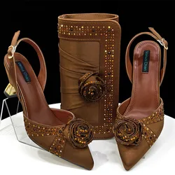 Sequins Excellent Newest INS Style Brown Color Elegant High Heels Nigeria Popular Design African Ladies Shoes And Bag Set