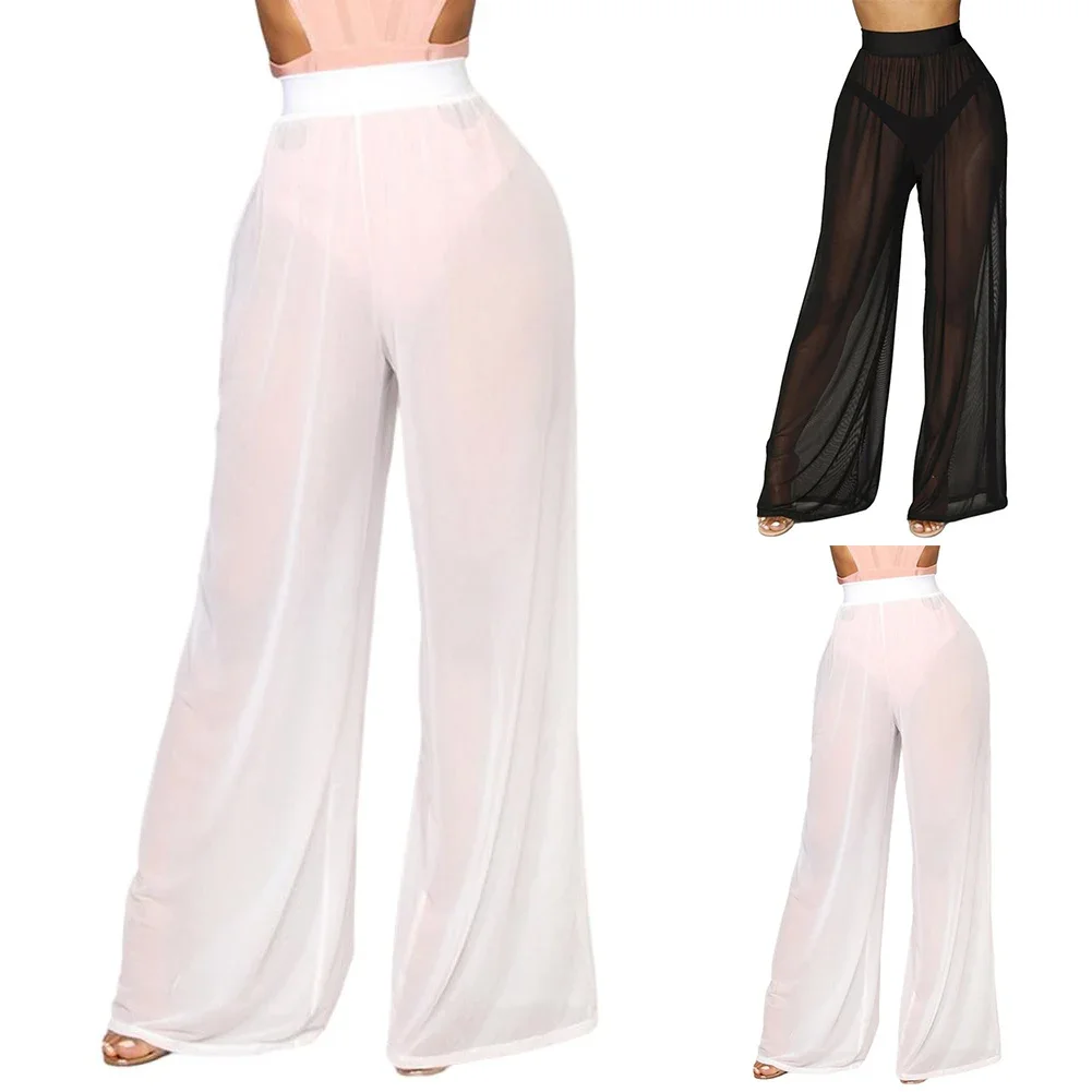 Daily Leisure Shopping Trousers Pants Loose Mesh Polyester Sheer Soft Solid Color Transparent Wide Beach Cover Up