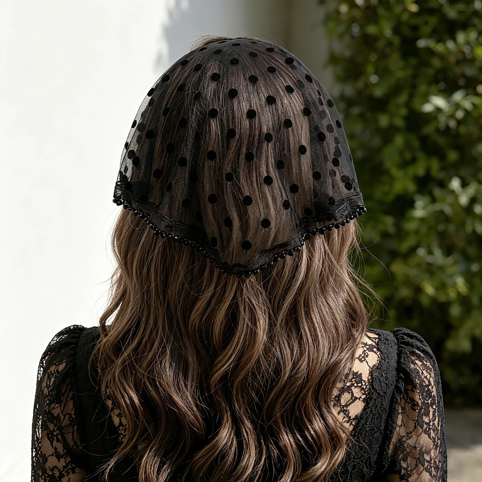 Retro Black Polka‑Dot Tulle Headband, Crystal Trim Turban‑Style Hair Accessory, Women Atmospheric Headwear for Formal Occasions
