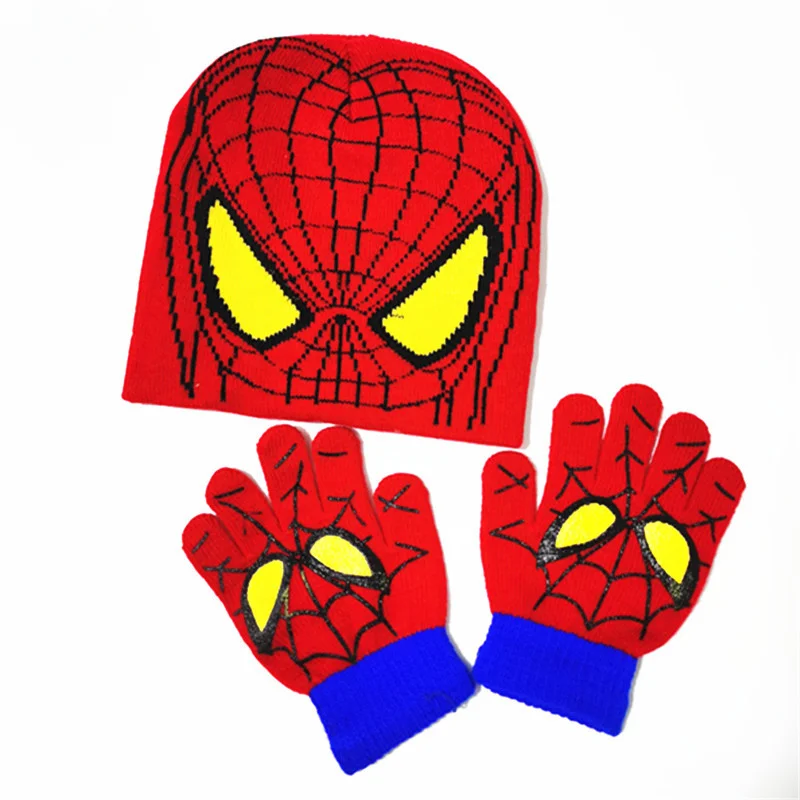 

2Pcs Disney Anime Spiderman Winter Knitted Hat And Gloves Set For Boy Girl Outdoor Warm Baby Knit Hats Kids Cartoon Beanies Hat