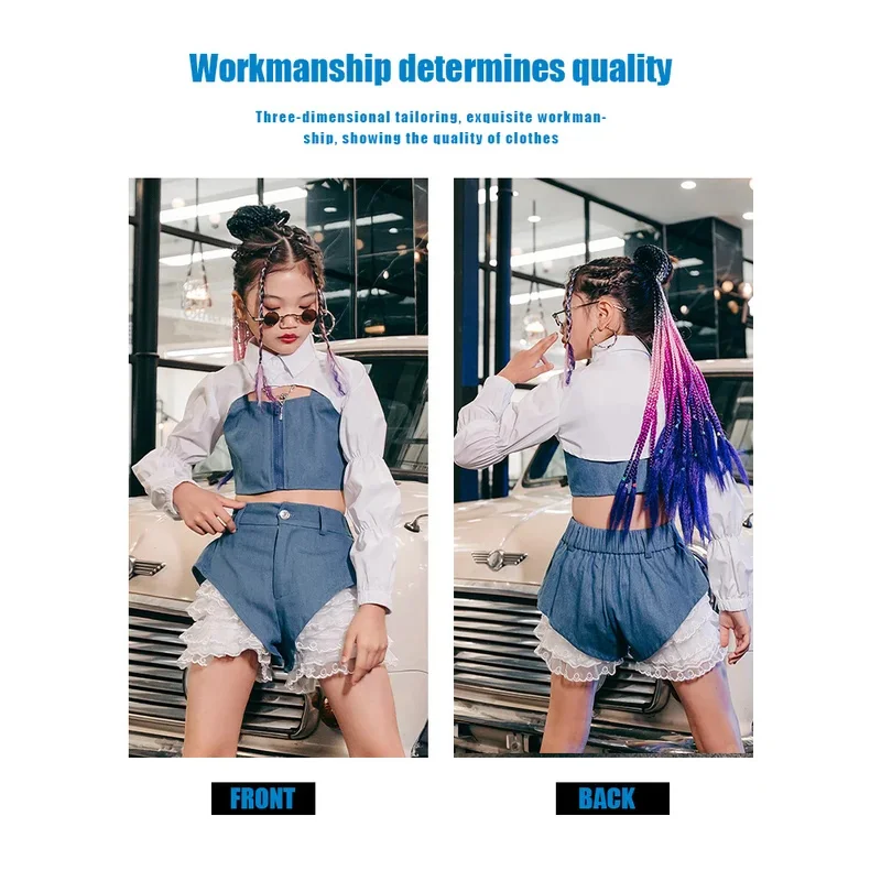 ZZL Urban Street Jazz Dance Children's Clothes K-pop Stage Outfits Blue White Fashion Cool Clothes for Girls Y2K Runway Show