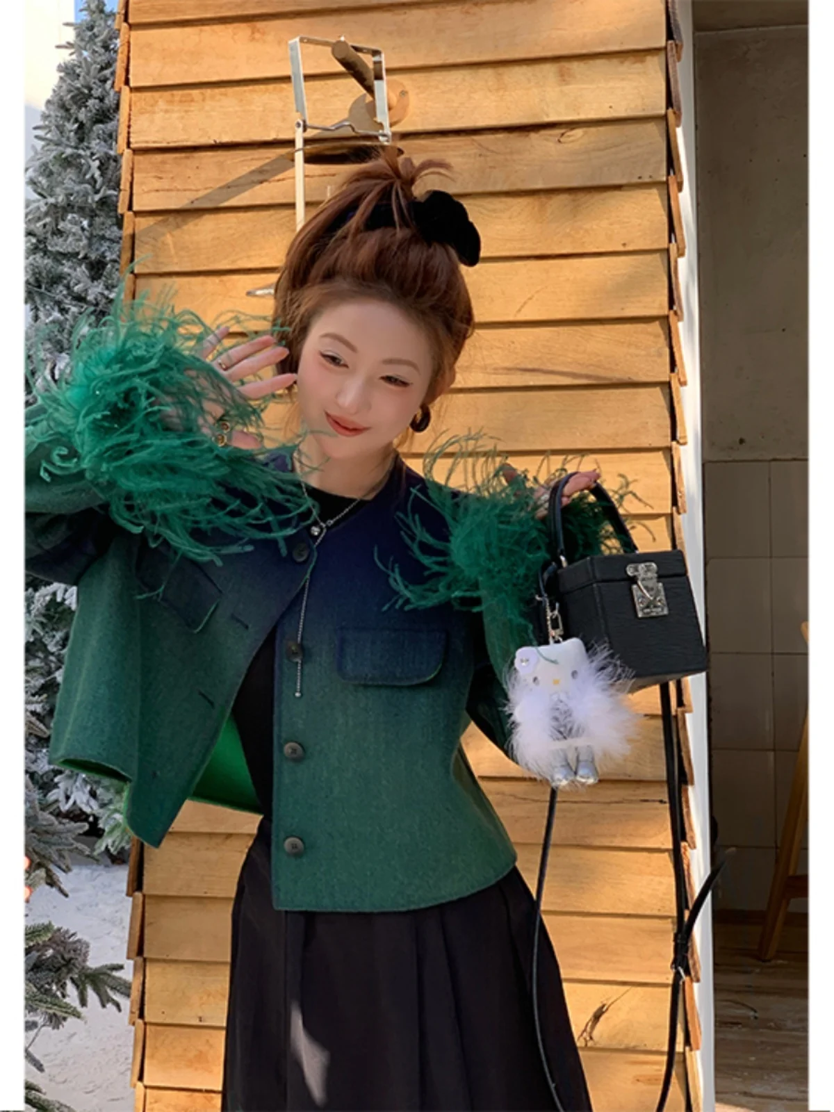 

Zonee Forest adient Blue een Double-sided Woolen Suit Set French Sle Women's Faion Winter Collection Bla Label