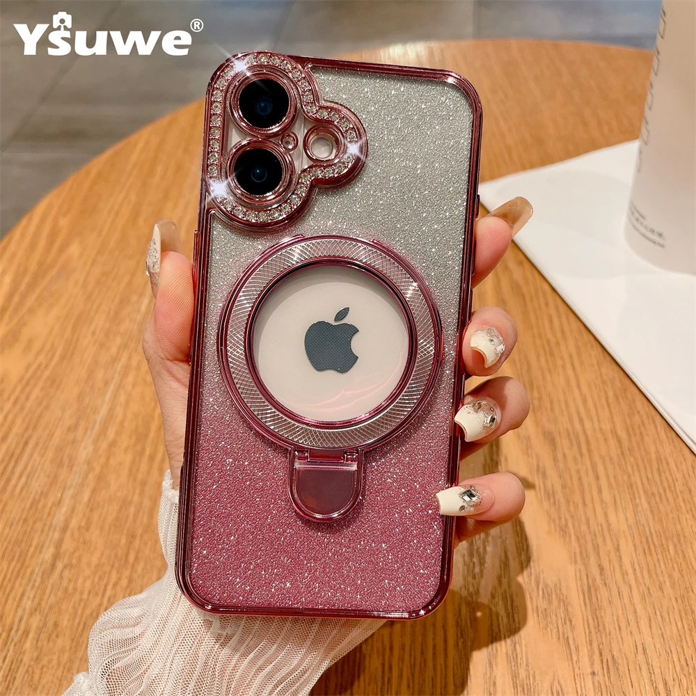 Rhinestone Leak Mark Gradient phone case For iPhone 16 15 14 13 12  Plus Bird's Nest Pattern Magnetic Stand Lens protection Case