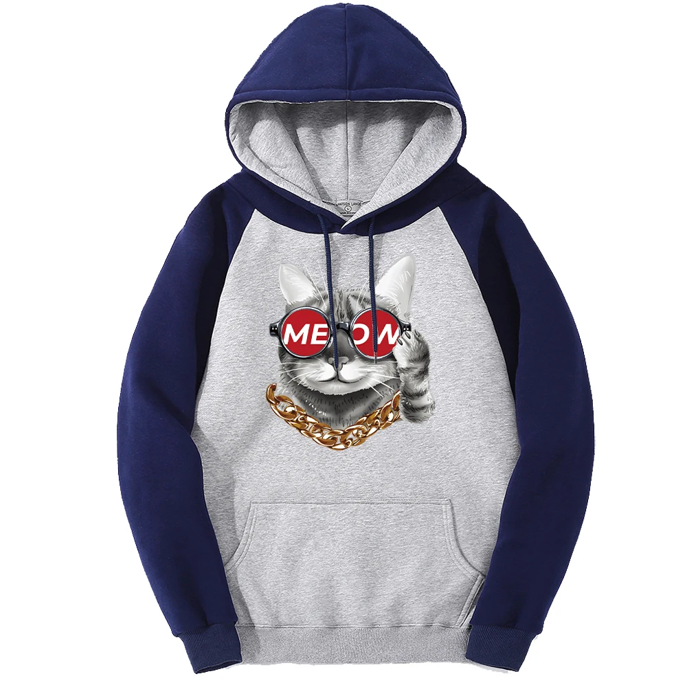 Fashionable Cats Print Men Raglan Hoodies Warm Oversized Streetwear All-Match Pocket Hoody Autumn Fleece Y2K Sportswears