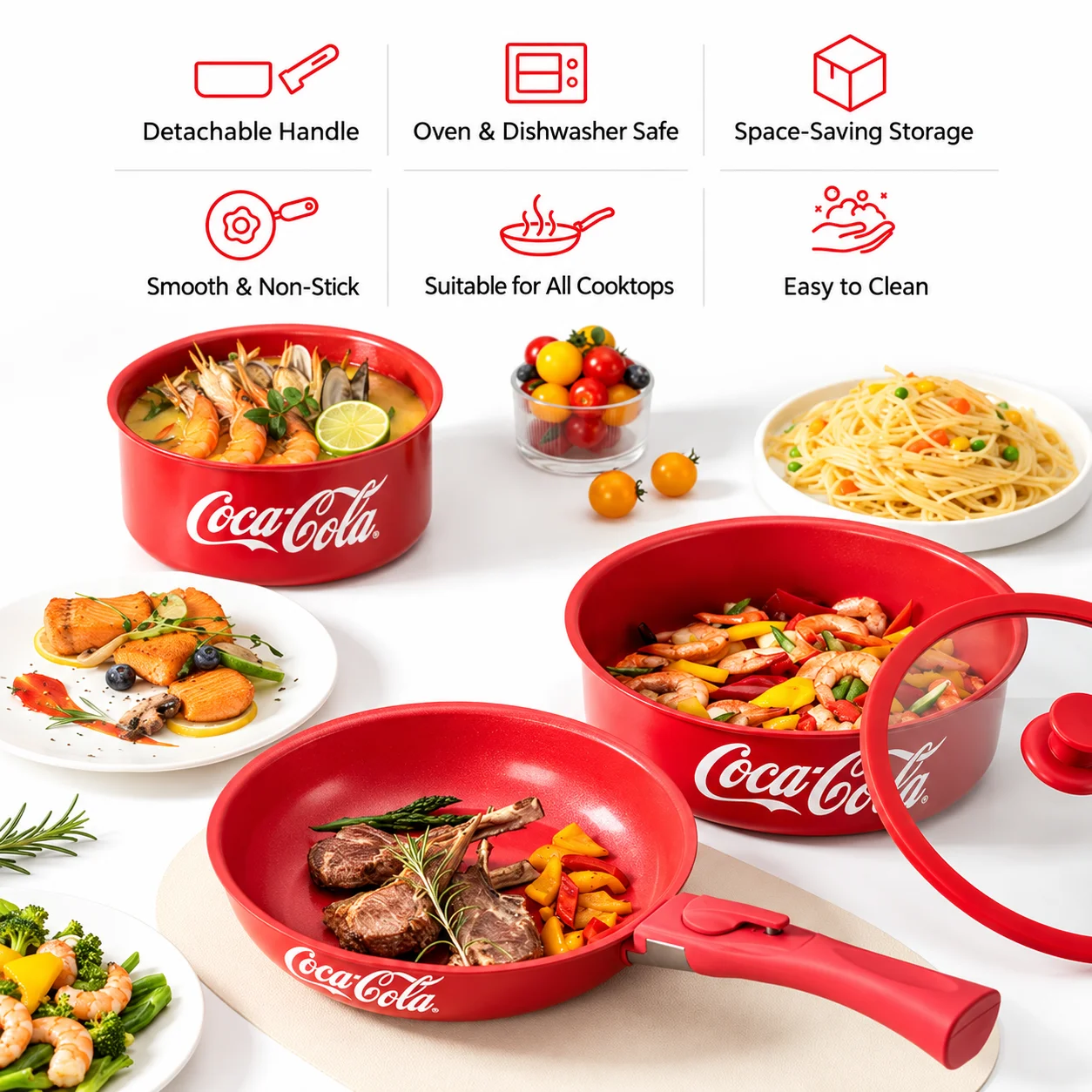 Coca Cola 3PCS Nonstick Cookware Set Ceramic Coating Detachable Handle Frying Pan Saucepan Casserole Pot for Induction Gas Stove