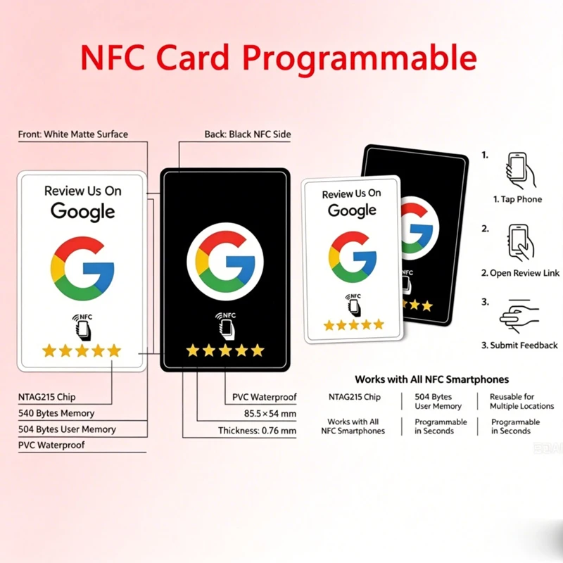 1-50Pcs/ Black Premium /Wear‑Resistant Matte Finish Reusable Google Review Tap NFC Card Programmable NFC Tap Card User‑Friendly