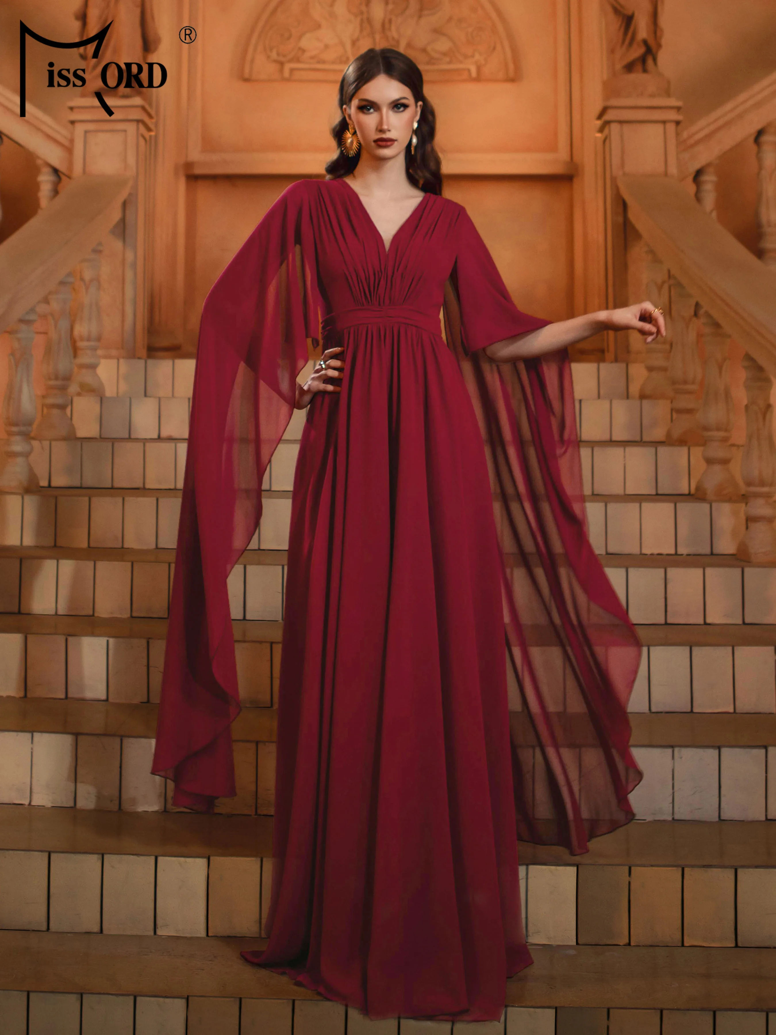 Missord Red V Neck A Line Muslim Middle East Evening Chic Elegant Woman Wedding Birthday Party High Quality Luxury Maxi Dress