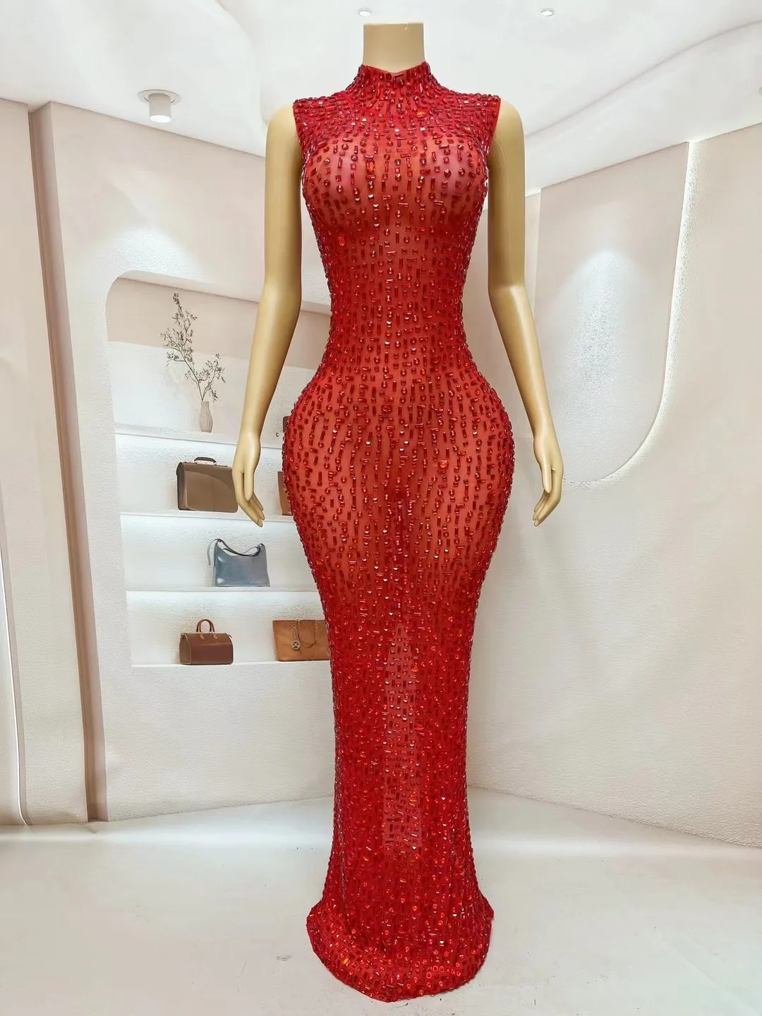 Women Luxury Red Rhinestone Sexy Stretch Mesh Perspective Long Dress Sparkling Stage Perform Costume Club Evening Party Dresses