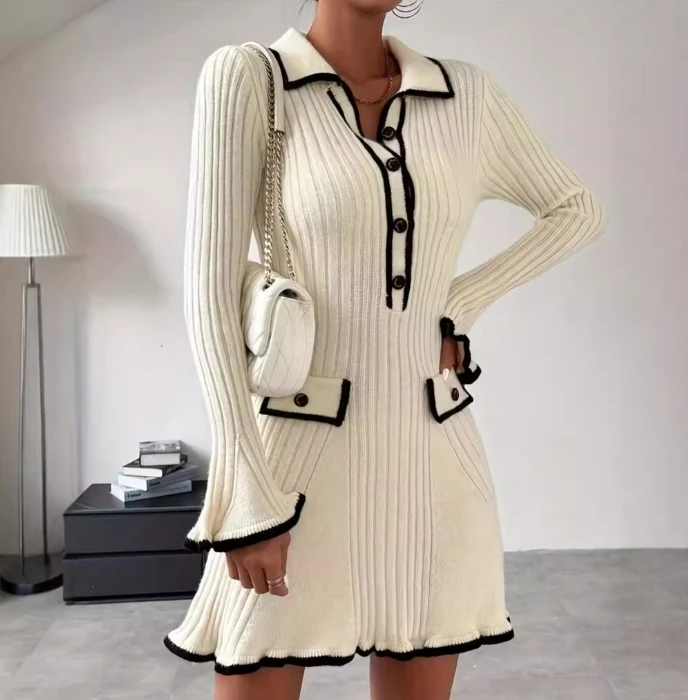 

Xiaoxiangfeng Elegant Slim Knit Dress with A Lapel, Waist Cinched, Flared Sleeves, Contrasting Buttons, Fashionable Short Skirt