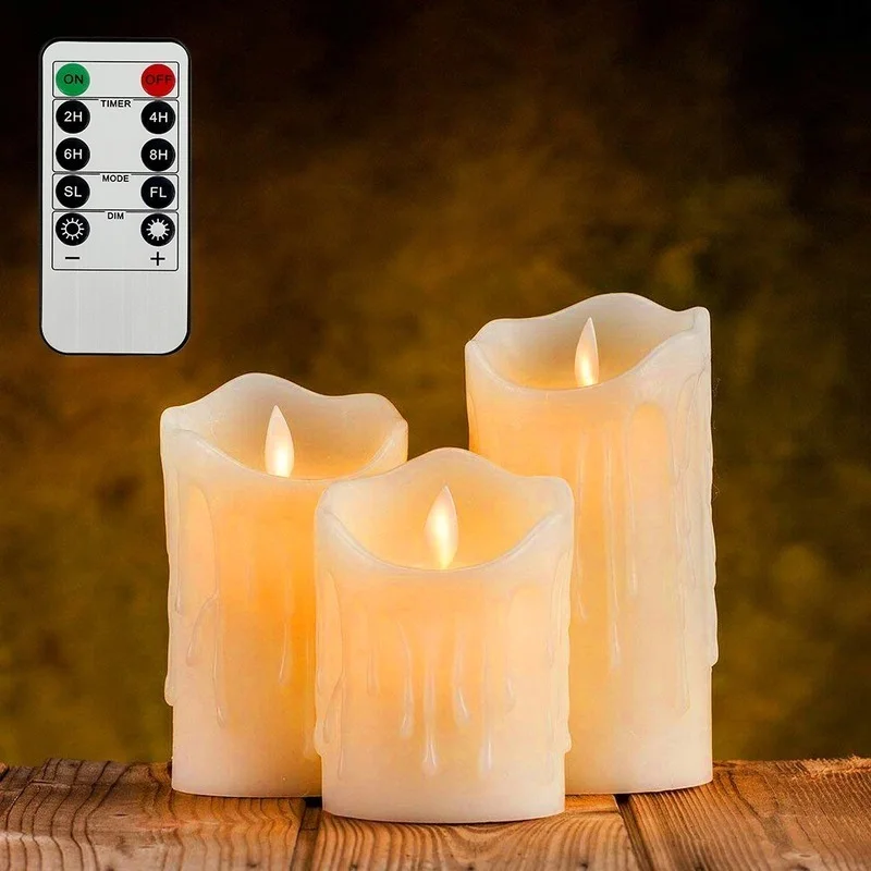 3 Pcs Flickering Flameless Pillar LED Candle with Remote Night Light Led Wax Light Easter Candle Wedding Decoration Lighting