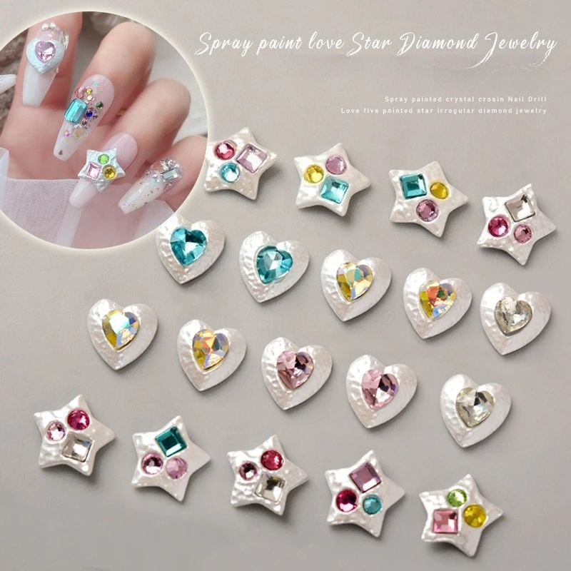 10Pcs White Pearl Heart Star Alloy Nail Charms Painted Irregular Crystal Rhinestones for DIY Manicure Nail Art Decoration