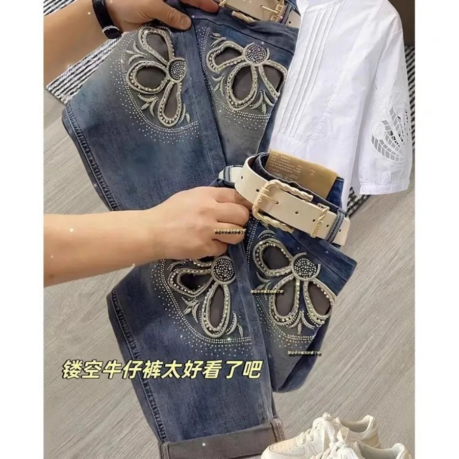 Shiny Diamond Embroidery Hollow-Out Jeans High-Waisted Slim Fashion All-Match Harem Pants Summer Lightweight Crop Length Jeans