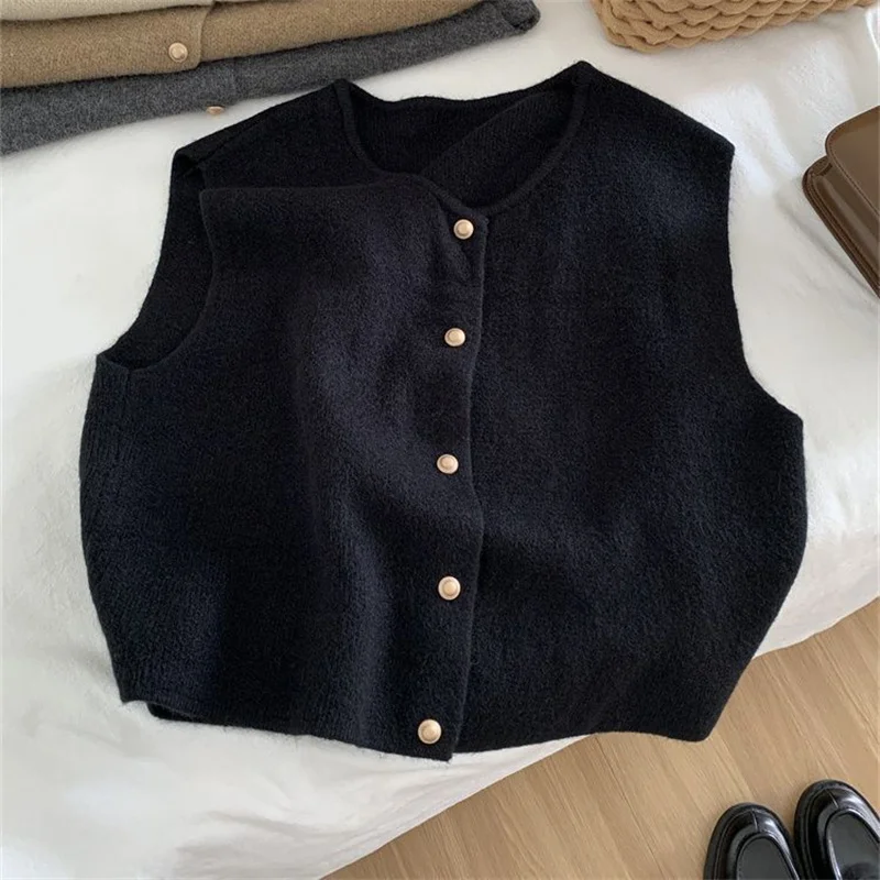 Single Row Small Gold Buttons Ladies Waistcoat Sweater Women Sleeveless Autumn Round Neck Female Vest