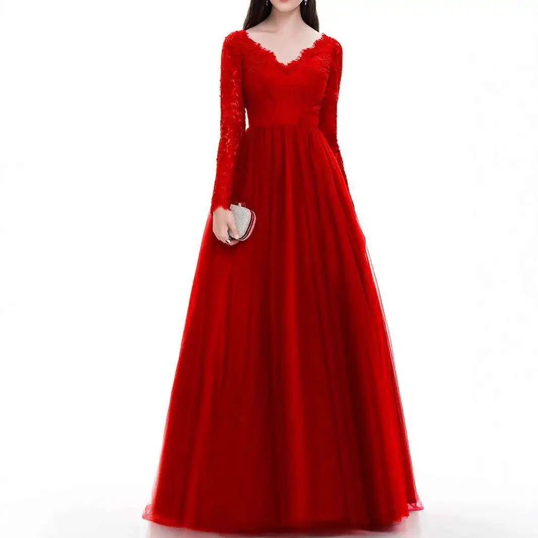

V-neck Bridal Toast Dress 2025 New Long Sleeve Lady Fashion Short Dress Female Look Thin Long Lace Skirt Dress Robe Vestido Wome