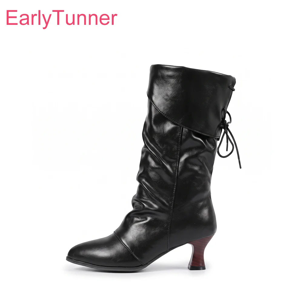 2026 Winter Mature Women Mid Calf Boots Round Toe High Kitten Heels Lady Dress Shoes Large Small Size 13 32 43 47 50 Non-Slip
