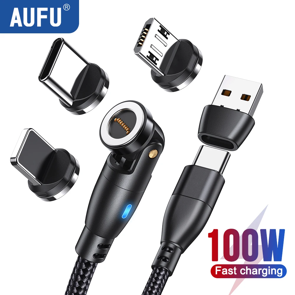AUFU 540 Drehen Magnetische USB Typ C Kabel Für iPhone 16 15 PD100W 5A Schnelle Lade Micro Typ C Kabel für Macbook Laptop Samsung