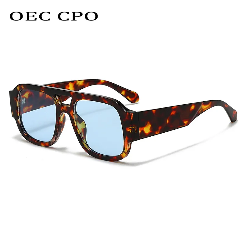 

OEC CPO Fashion Double Bridges Square Sunglasses Women Men Vintage Leopard Blue Shades UV400 Sun Glasses Female Punk Eyewear