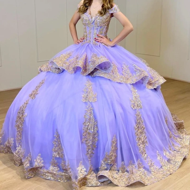 Real Picture Lavender Women Prom Party Dresses Off Shoulder Gold Applique Puffy Skirt Floor Length Sweet 15 16 Quinceanera Dress