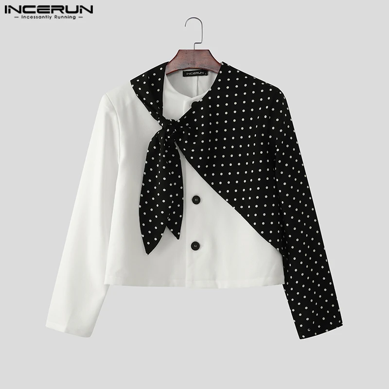 

INCERUN Men Blazer Polka Dot Print Patchwork Long Sleeve Button Casual Suit Men Streetwear 2025 Fashion Male Thin Crop Coats