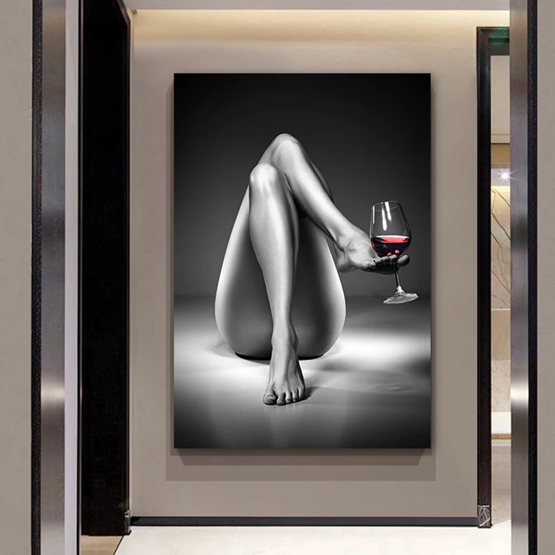 

Black and White Nude Art Poster Prints Foot Clip Red Wine Glass Canvas Wall Art Modern Canvas Painting for Room Home Decoration