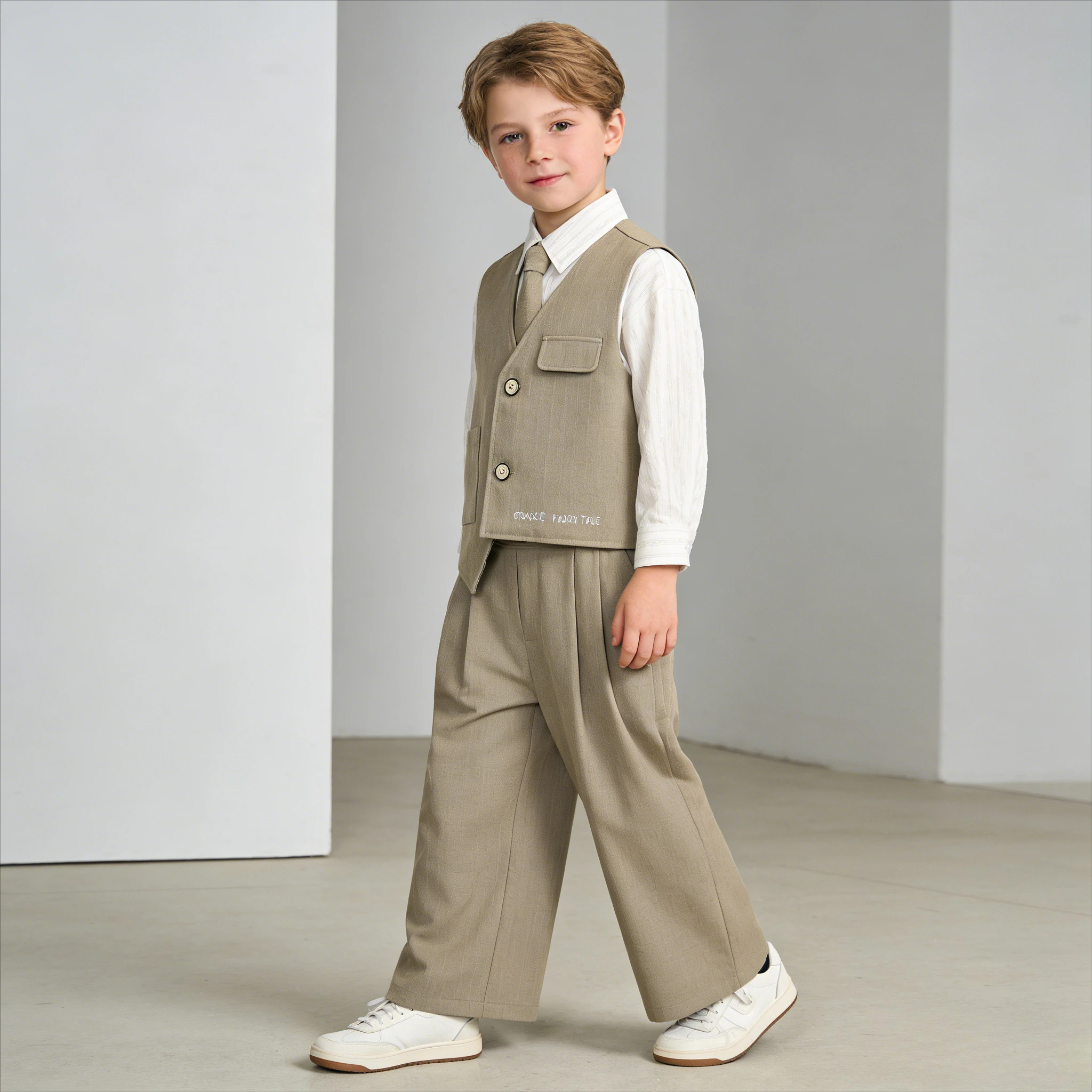 Simple Boys Vest Suit Thin Striped Shirt Letter Embroidery Tie Wide Leg Pants Kids Daily Commute School Light Gentleman Outfit