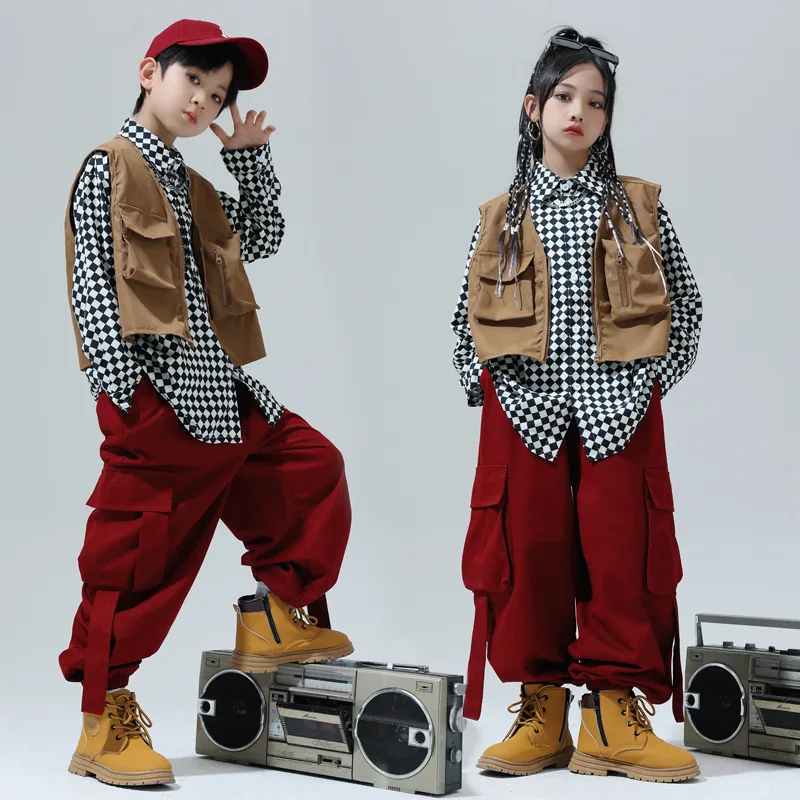 Vêtements Hip Hop pour enfants, chemise à carreaux noir et blanc, vin rouge, pantalon de jogging Cargo large décontracté pour filles et garçons, Costume de danse Jazz