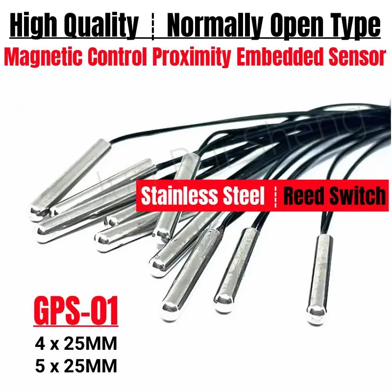 5PCS Stainless Steel GPS-01 Reed Contact Switch Normally Open NO 10W 220V Magnetic Control Tube 25MM Waterproof Induction Sensor