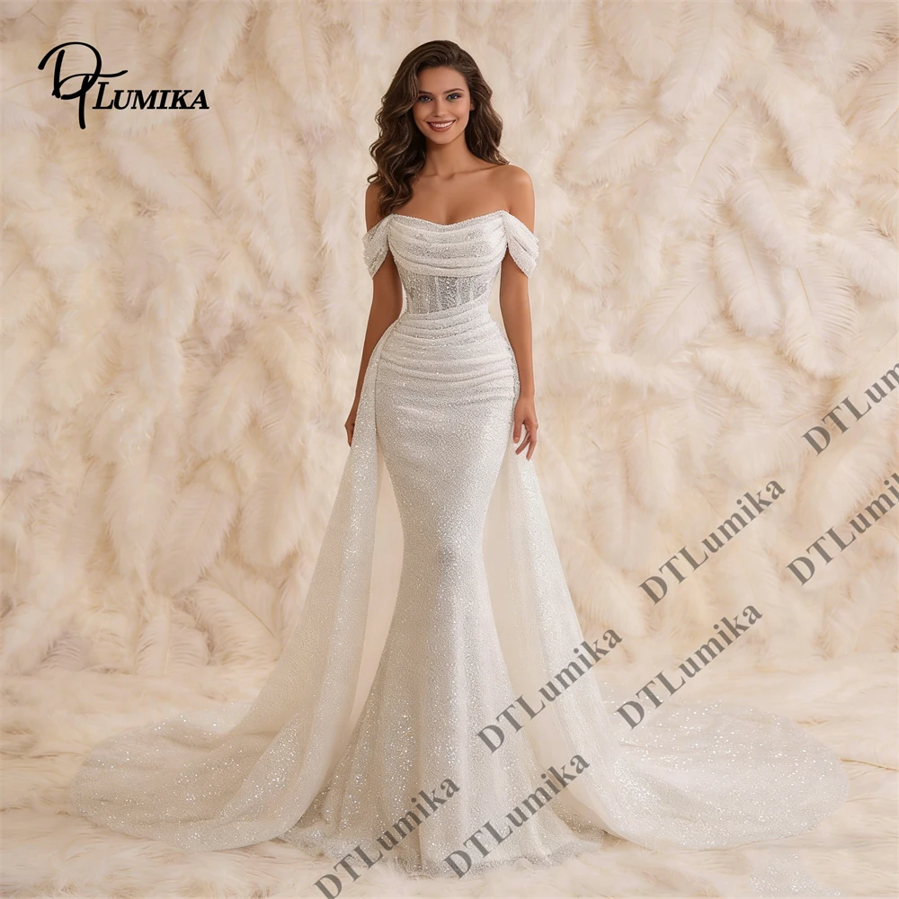 

Women Glitter Mermaid Wedding Dress Off-the-Shoulder Ruched Corset Detachable Skirt Church Bride Dresses Tailored Bridal Gown
