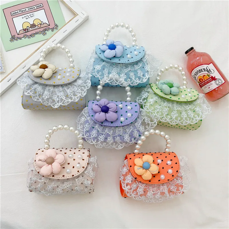 

Casual Kids Bags for Girls Fashion All-match 2023 New Lovely and Sweet Princess Lace Mesh Flower Zipper Purses and Handbags