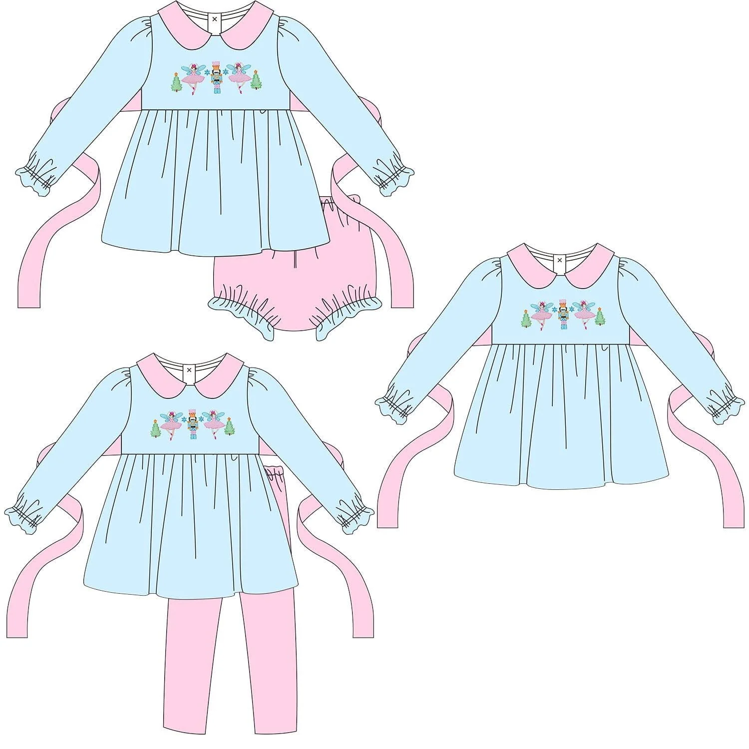 Boutique kid's Suit Collared long-sleeve dress paired with solid-colored shorts/trousers ribbon Matching dress Christmas print