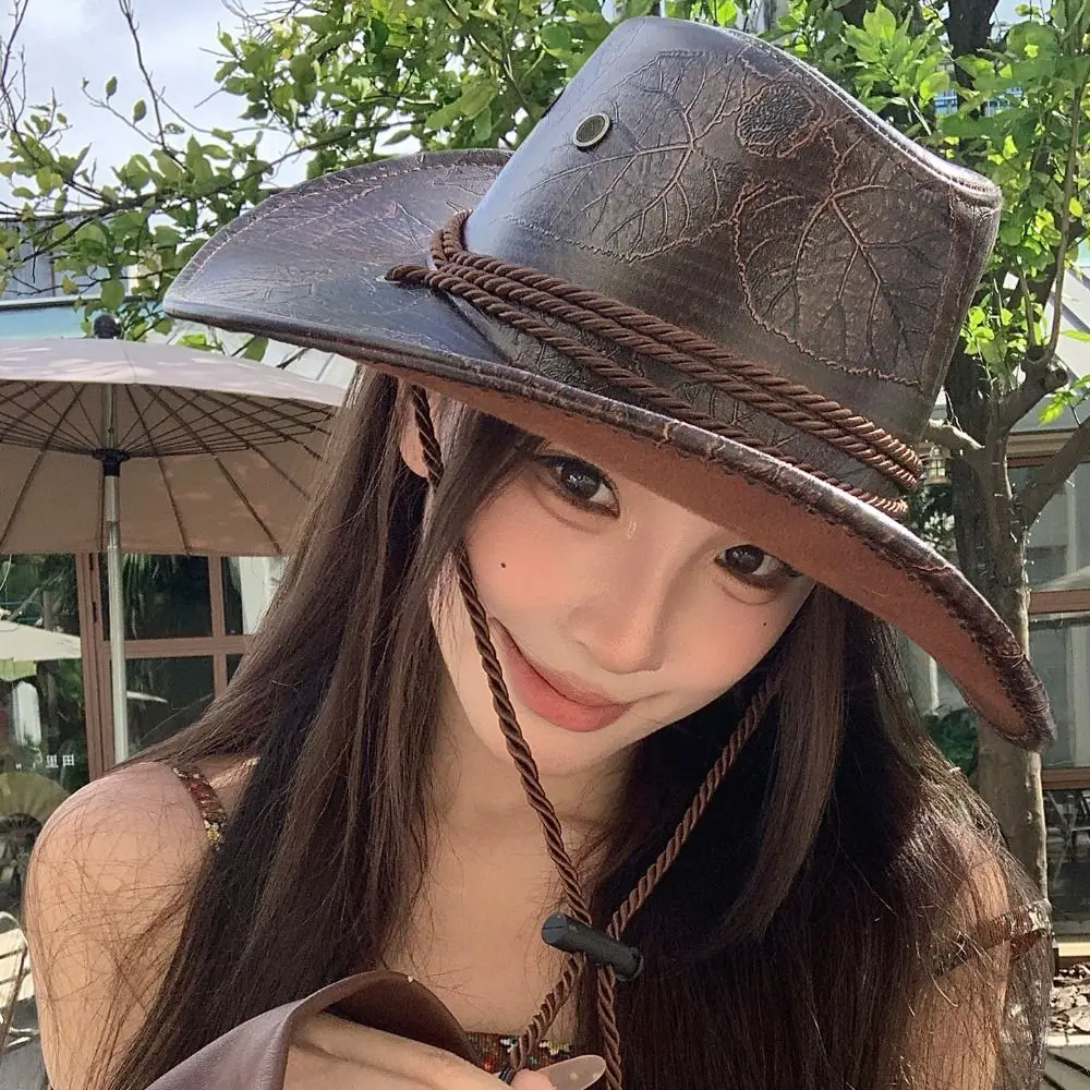 بارد العرقية نمط قبعات رعاة البقر الغربية قبعة واسعة حافة البوليستر راعية البقر الجاز قبعة أسود/بني لفة حافة فارس قبعة الحماية من الشمس