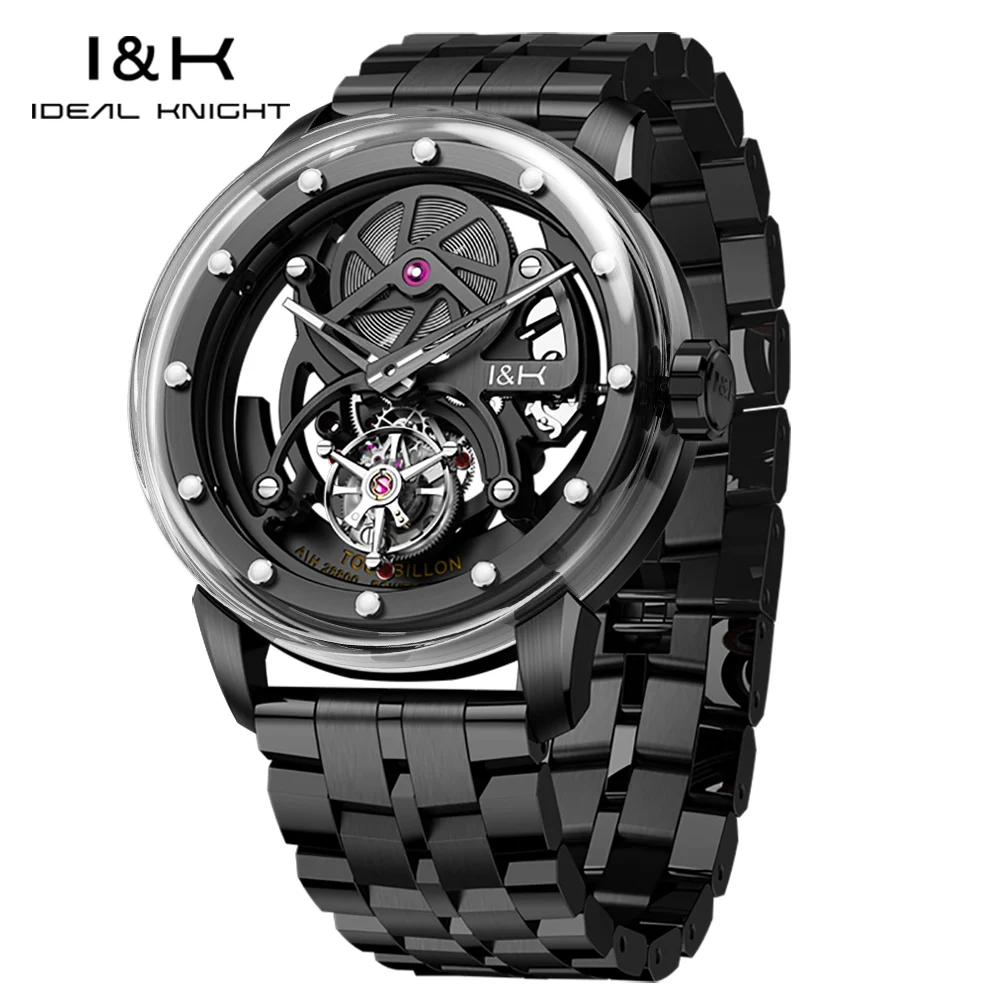 Ideal Knight 6809 Mens Watch Tourbillon Automatic Mechanical Watch Top Skeleton Wristwatch Stainless Steel Men's Watch