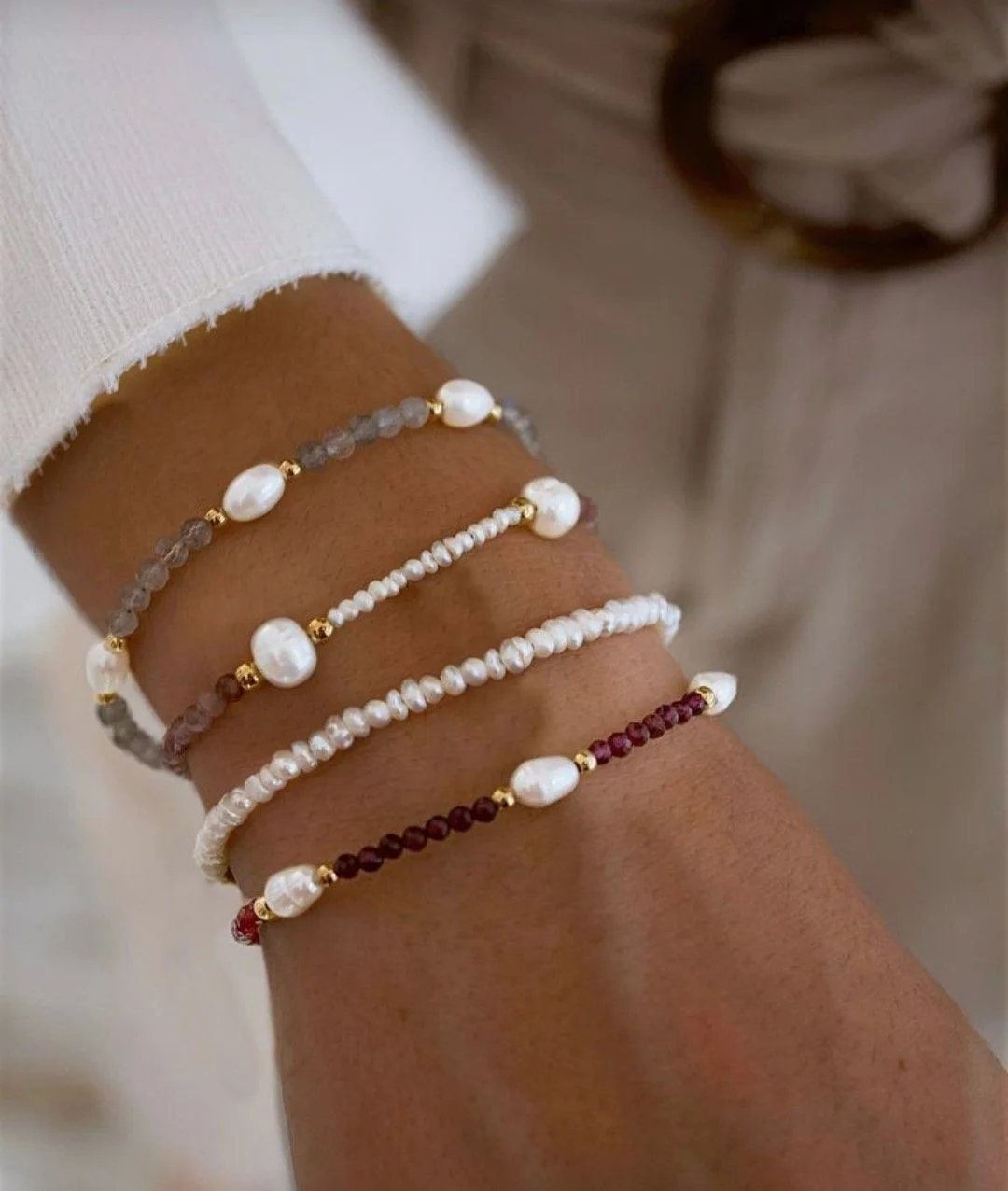 Vlen verstellbares natürliches Perlenarmband mit Steinperlen Pulsera für Frauen, eleganter Sommer-Chic-Boho-Schmuck, Geschenk – Detail 1