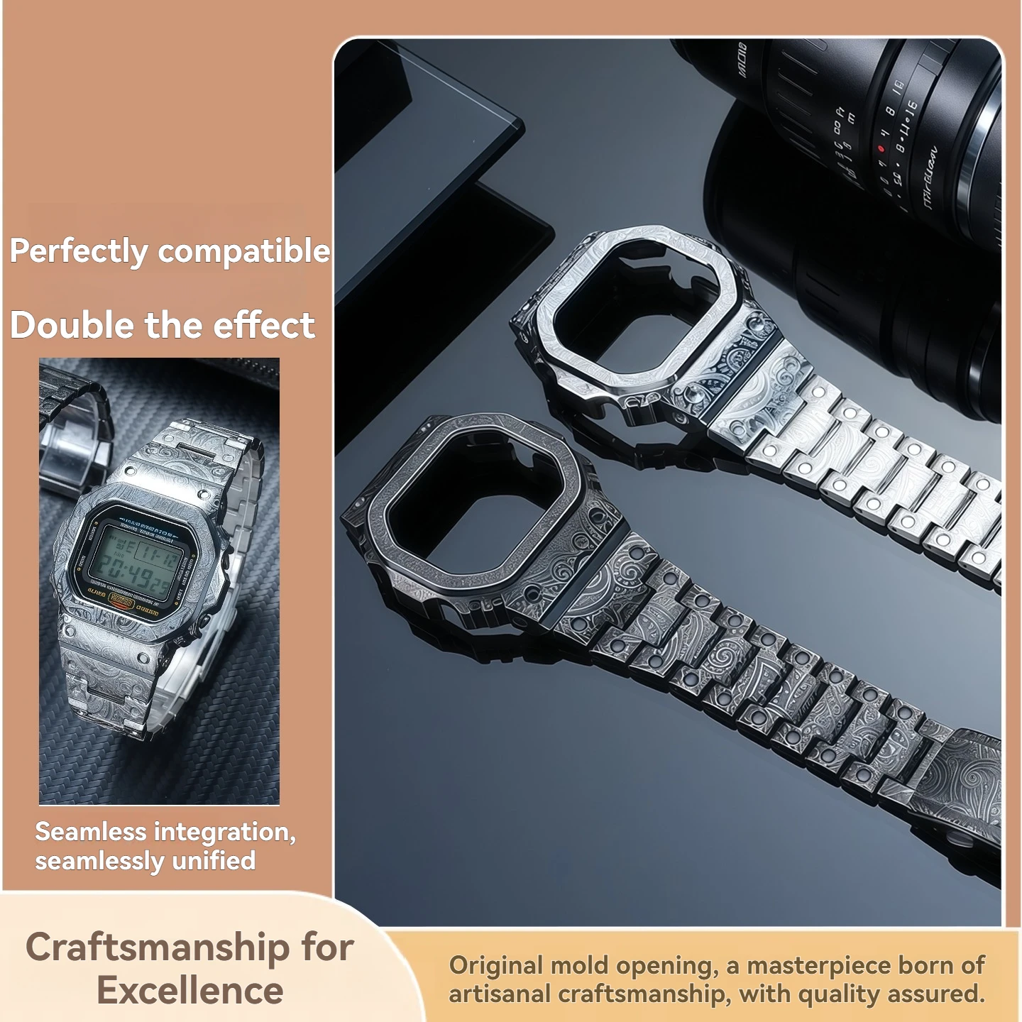 Personalized modified watchband and case for Casio DW5600 GWM5610 GW-B5600 retro carved stainless steel watch case strap set