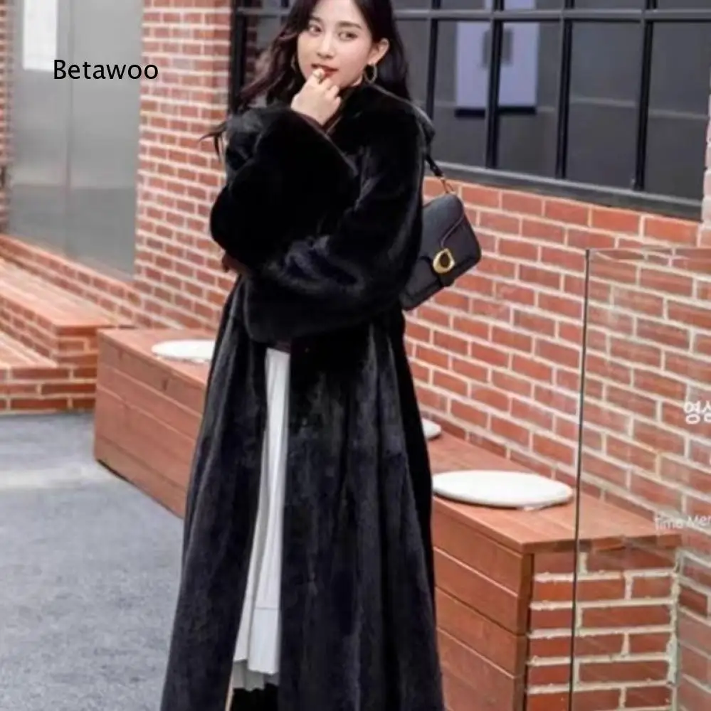 Elegant Womens Full Length Faux Fur Overcoat Lapel Collar Thick Warm Fluffy Outerwear Relaxed Style For Winter Daily Look