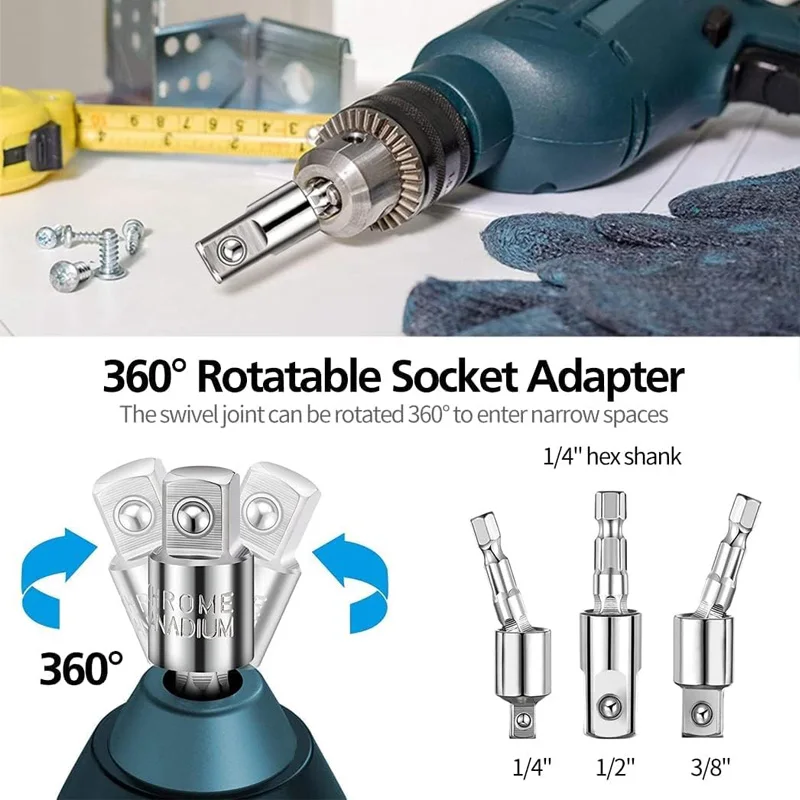 6-17Pcs 360 Rotatable Hex Shank Impact Driver Socket Adapter Set 105° Right Angle Drill Attachment 10 Short Screwdriver Bits