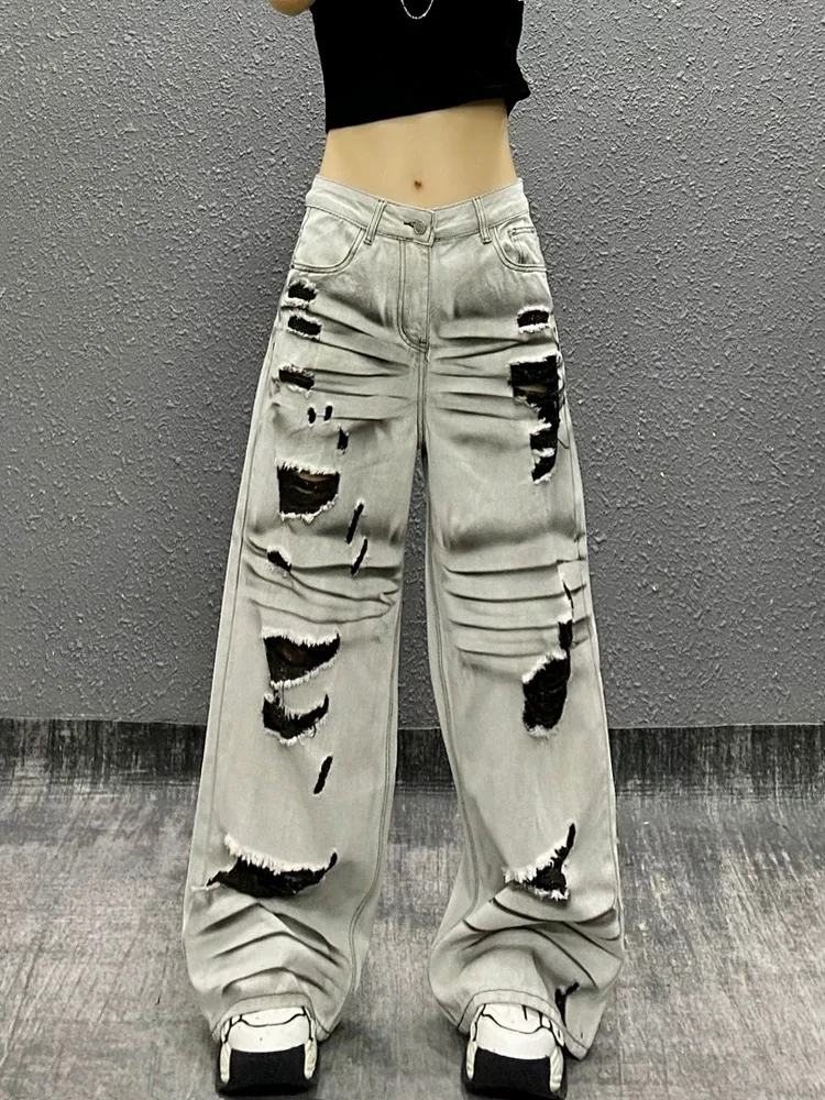 

Women's Gray-Black Tie-Dyeed Wear-Teared Jeans Y2k 2000s High Street American Old Retro Wide-Leg Pants High Waist Straight Jeans