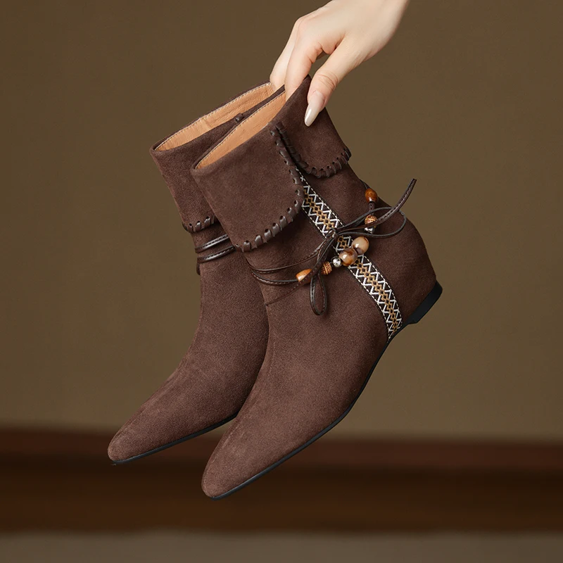 2025 New Cow Suede Round Toe High Heels Modern Ankle Boots Autumn Winter Warm Shoes Dating Wedding Party Sexy Women Ankle Boots