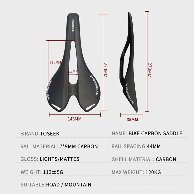 TOSEEK T800 Carbon Bicycle Saddle 143*270mm Bike Saddles Glossy/Matte Bicycle 3K Carobon Seat Road Mtb Bike Saddle Bike Part