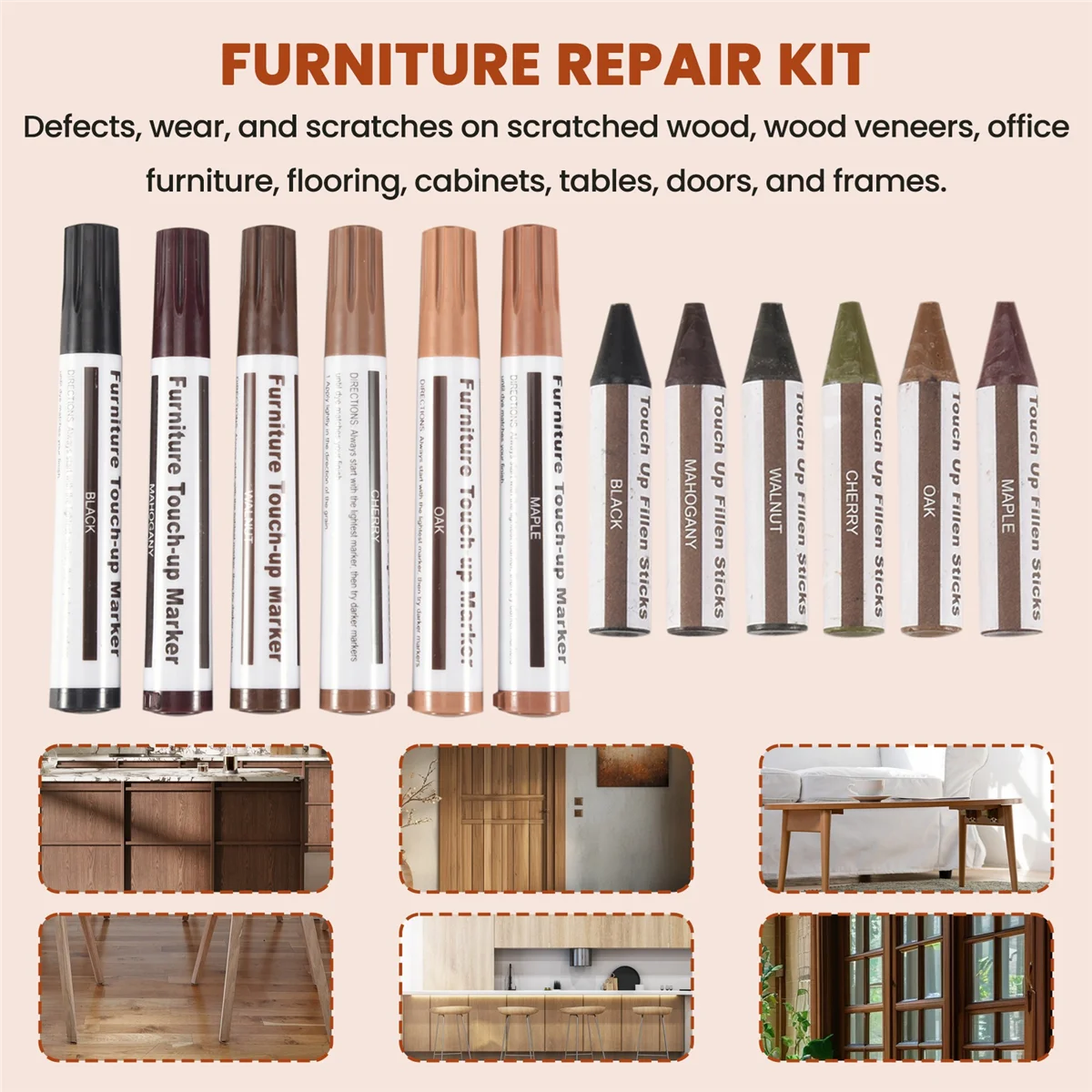 ABAZJ Furniture Repair Kit Wood Markers - Set of 13 - Markers and Wax Sticks with Sharpener Kit, for Scratches, Wood Floors