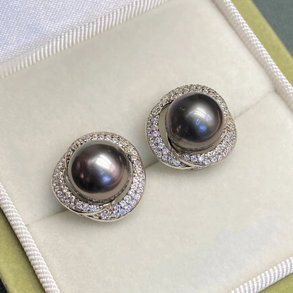 

925 Sterling Silver Natural Pearl Stud Earrings with K-gold Techniques Lustrous 9-10mm Seawater Tahitian Mysterious Black Pearls