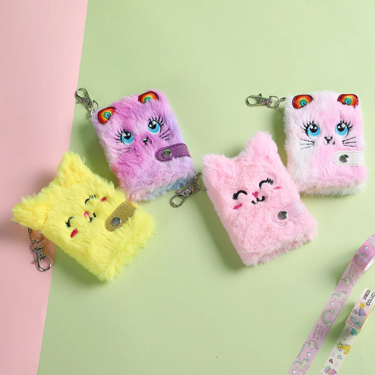 Cute Cat Plush Notebook For Girls Kawaii Pendant Keychain Furry Cats Notebook Daily Journal Book Note Pad Stationery Gifts