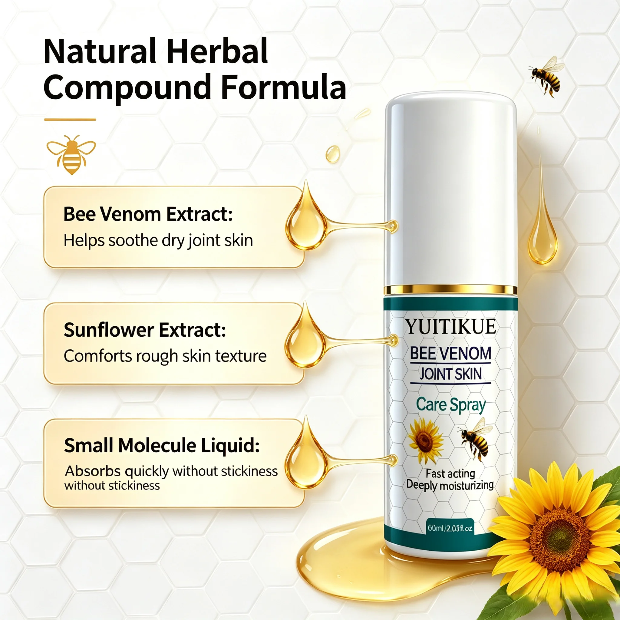YUITIKUE Natural Bee Venom Sunflower Joint Care Spray Small Molecule Liquid Quick Absorb Hydrate Elbow Knee Rough Ski