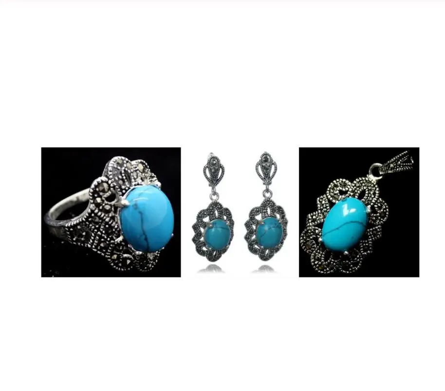 

Vintage Blue Turquoise 925 Sterling Silver Marcasite Ring (#7-10) pendant and earrings sets